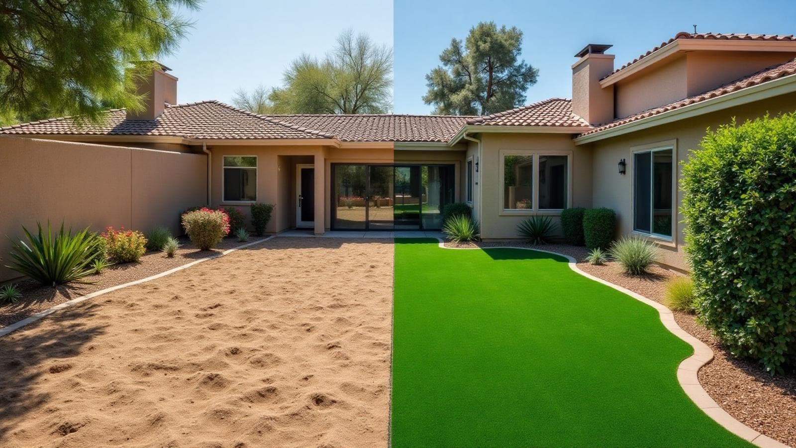 Before and after of an Arizona yard transformed with True Turf artificial grass