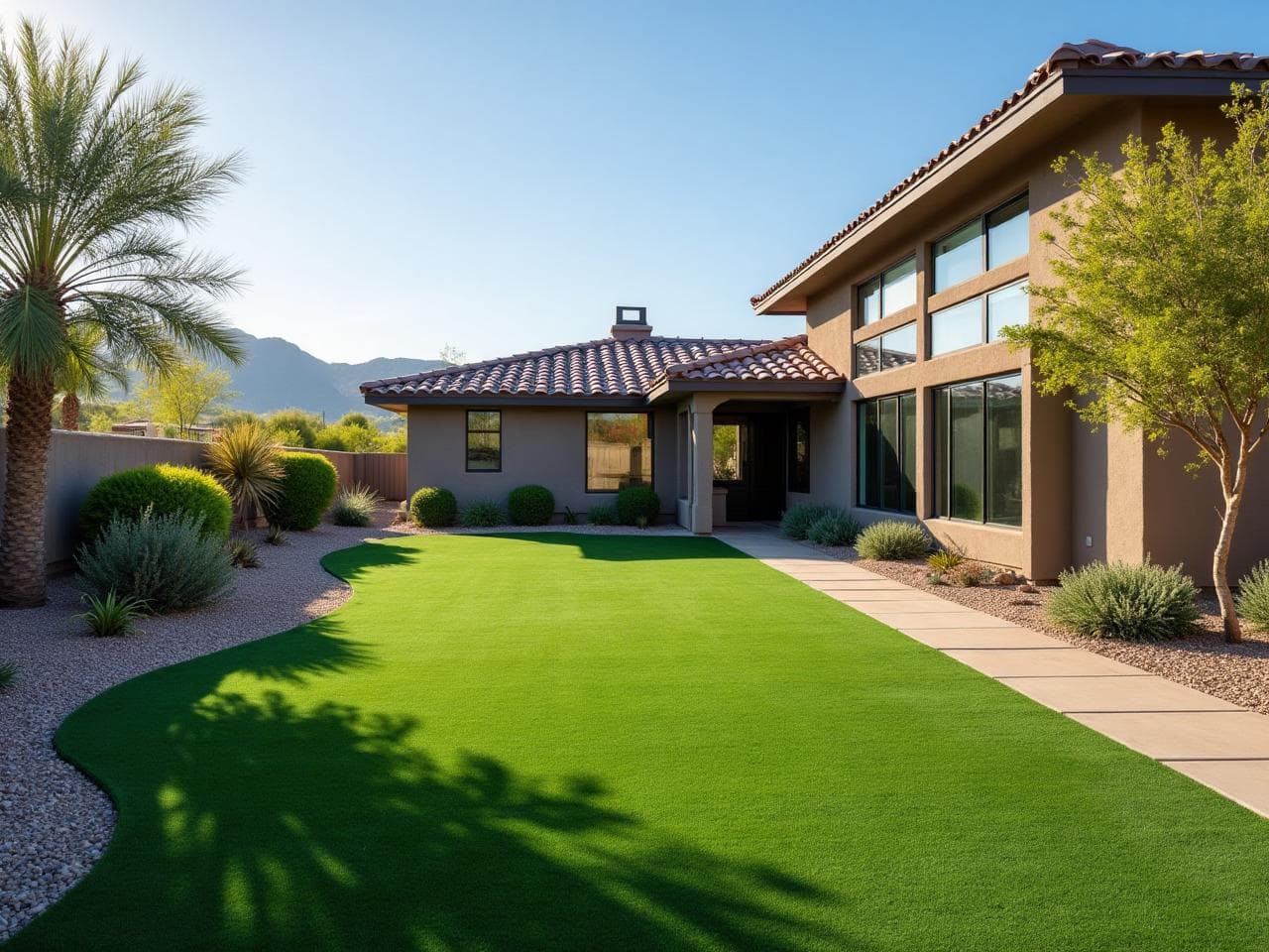 Freshly installed True Turf artificial grass lawn in an Arizona backyard
